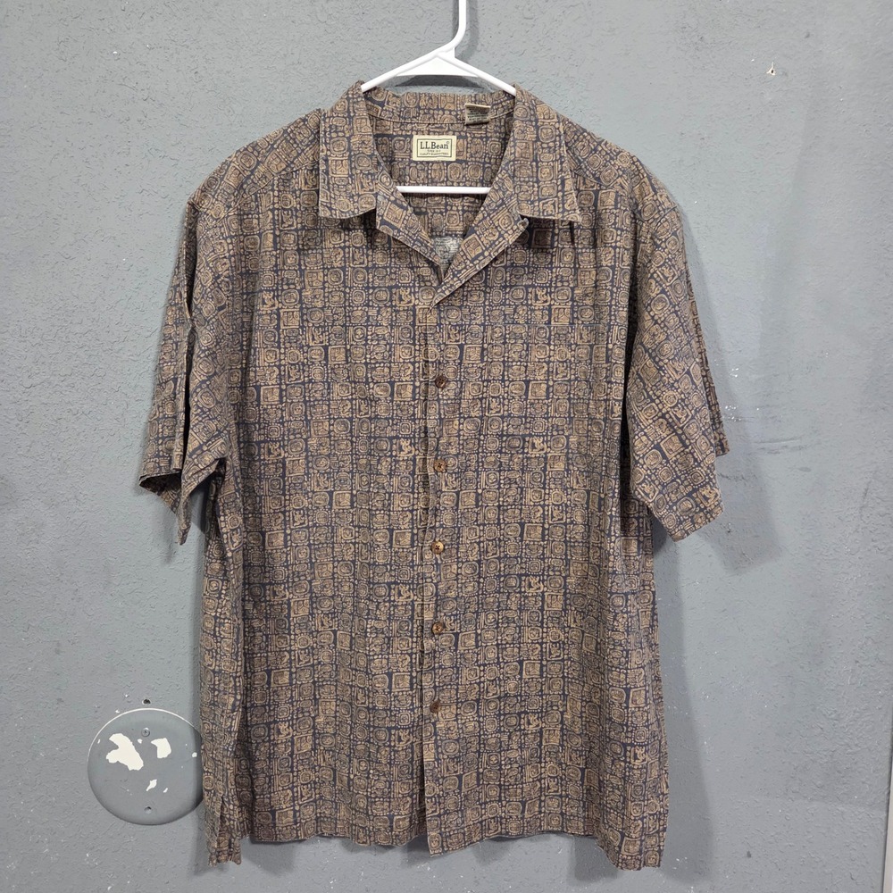LL Bean Mens Casual Button Down Shirt Large Geometric Print Short Sleeve